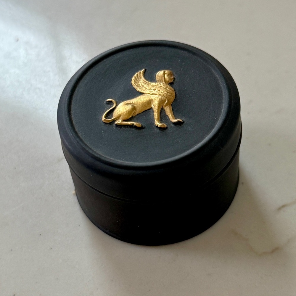 Wedgewood Gilded Black Basalt Jasperware Pill Box featuring the Egyptian Spinx